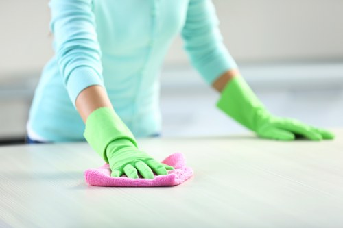 Short-term rental cleaning in a bright vacation home kitchen