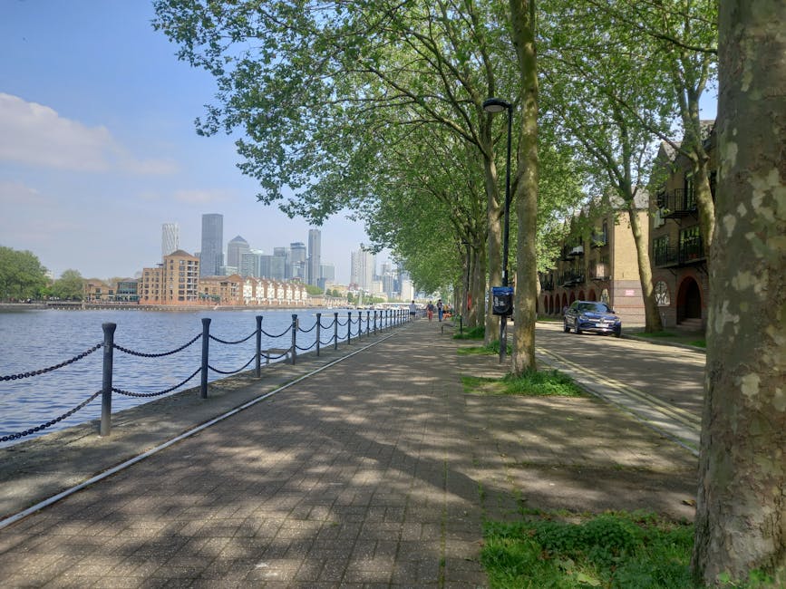 A daytime cityscape view of Canary Wharf seen from a river, featuring modern high-rise office buildings with glass facades reflecting the cloudy sky. The river in the foreground has calm water with a 